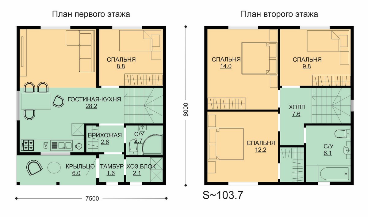 Проект ССК-104 В — дом 7,5х8 103.7 кв.м. — более 100 кв.м. от ССК-ДОМ